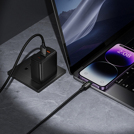 USB дата кабель Lightning, HOCO, X127, 1 метр, ток до 2.4A, оплетка, цвет черный