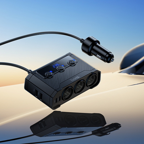 Разветвитель прикуривателя на 2 USB 5В 2.4А + 2 PD 5В 3А + 3 прикуривателя на проводе Z64, с дисплеем, черный