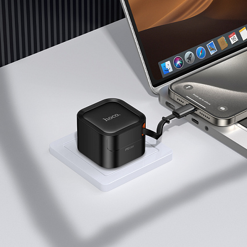 Сетевое зарядное устройство, встроенный кабель-рулетка Type-C, 20W (C153A), HOCO, черный