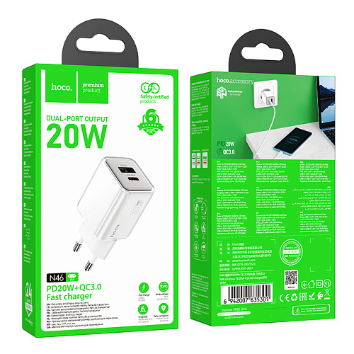 Сетевое зарядное устройство, 1 USB 3.0 QC+1 PD 20W (N46), HOCO, белый
