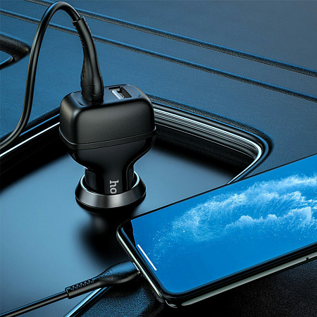 Автомобильное зарядное устройство, 2 USB 2.4A (Z36), usb cable lightning, HOCO, черный