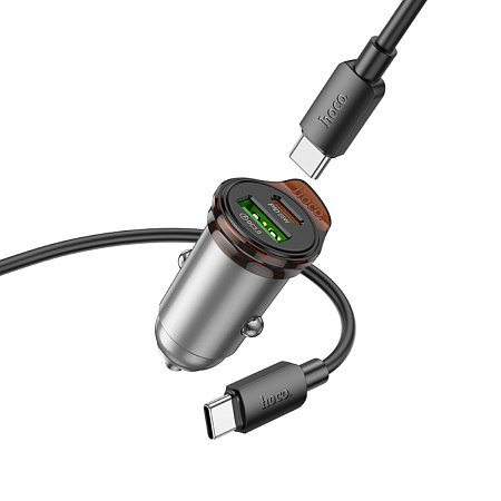 Автомобильное зарядное устройство, 1 USB QC3.0 18W, 1 PD 25W (NZ16A), HOCO, Type-C to Type-C, серый