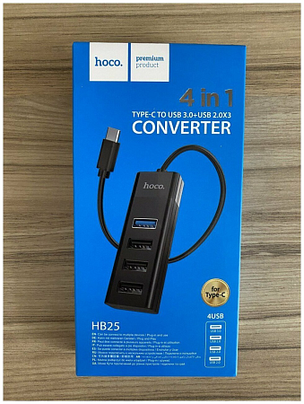 USB Хаб (HB25) c 1 Type-C на 1 USB 3.0 + 3 USB 2.0, HOCO, черный