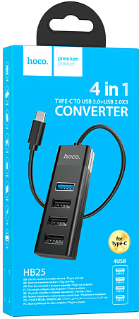 USB Хаб (HB25) c 1 Type-C на 1 USB 3.0 + 3 USB 2.0, HOCO, черный