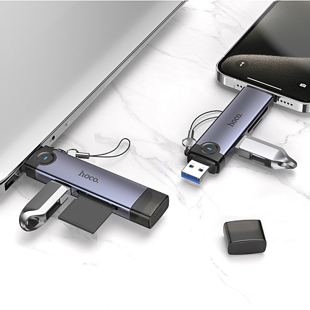 Картридер 3 в 1, USB/IP на SD/TF3.0+USB 2.0, HB56A, HOCO, серый