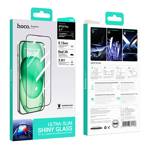 Защитное стекло для iPhone 16 Pro, A39, HOCO, Engraved 3D HD tempered glass 0.15mm, черное