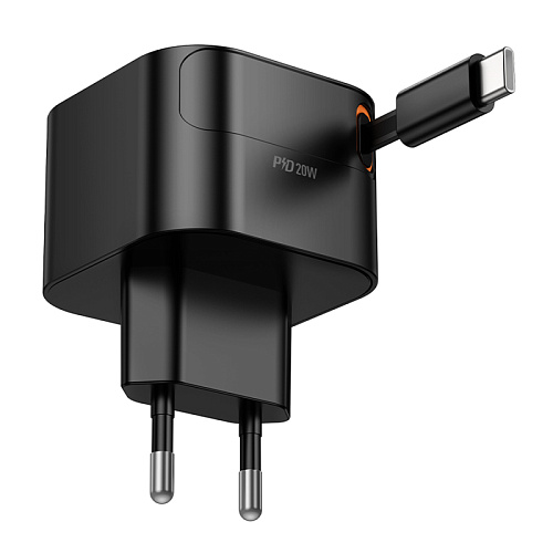 Сетевое зарядное устройство, встроенный кабель-рулетка Type-C, 20W (C153A), HOCO, черный
