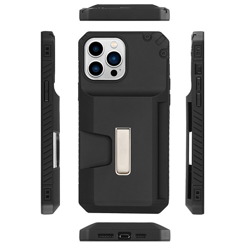 Чехол силиконовый для iPhone 14 Pro (6.1), с карманом для карты, противоударный с подставкой, DU DU, черный