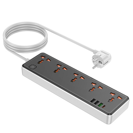 Сетевой фильтр на 5 розеток+3 USB+1 PD, 1.5м, AC14A, HOCO, черный