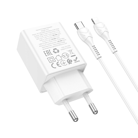 Сетевое зарядное устройство, 1 PD 30W + 1 USB 3.0 QC (N71), HOCO, Type-C to Lightning, белый