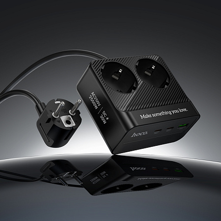 Сетевой фильтр на 2 розетки +1 USB+2 PD, 2м, AC27, HOCO, черный