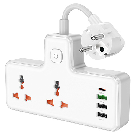 Сетевой фильтр на 2 розетки+3 USB+1 PD, 0.85м, AC12A, HOCO, белый