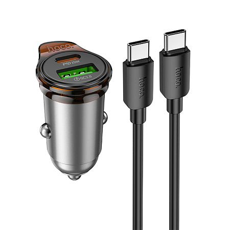 Автомобильное зарядное устройство, 1 USB QC3.0 18W, 1 PD 25W (NZ16A), HOCO, Type-C to Type-C, серый