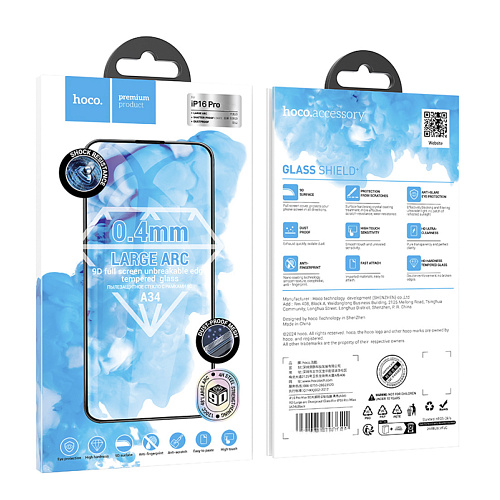 Защитное стекло для iPhone 16 Pro/17, A34, HOCO, 9D large arc dustproof glass, черное