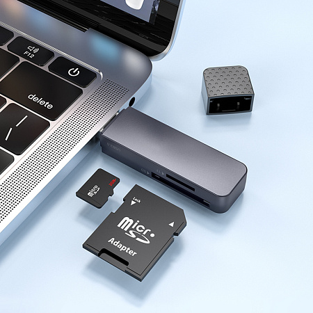 Картридер 2 в 1, USB 2.0, HB45, HOCO, поддержка TF/SD карт, серый