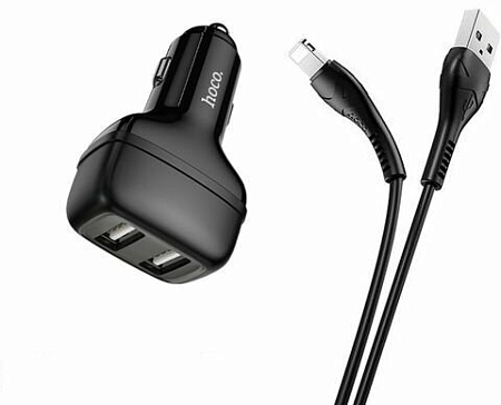 Автомобильное зарядное устройство, 2 USB 2.4A (Z36), usb cable lightning, HOCO, черный