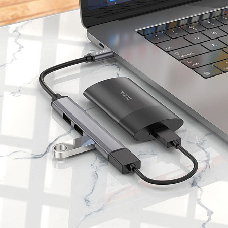 USB Хаб (HB26) c 1 Type-C на 1 USB 3.0 + 3 USB 2.0, HOCO, металлический серый