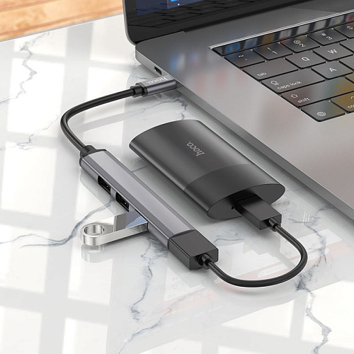 USB Хаб (HB26) c 1 Type-C на 1 USB 3.0 + 3 USB 2.0, HOCO, металлический серый
