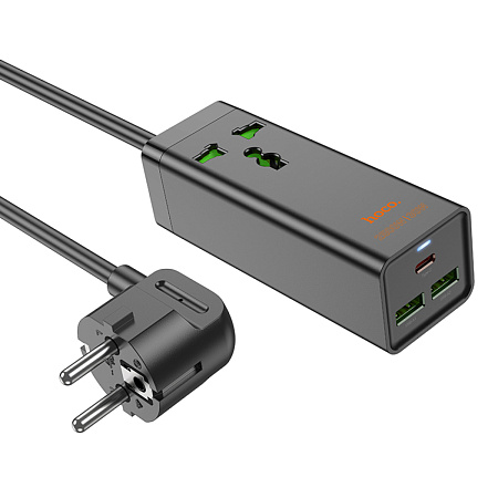 Сетевой фильтр на 1 розетка+2 USB+1 PD, 1.5м, AC9A, HOCO, черный