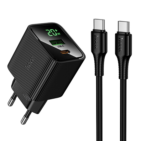 Сетевое зарядное устройство, 1 PD 20W + 1 USB 3.0 QC (CS83A), HOCO, Type-C to Type-C, с дисплеем, черный