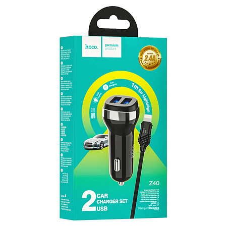 Автомобильное зарядное устройство, 2 USB 2.4A (Z40), usb cable lightning, HOCO, черный