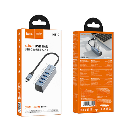 USB Хаб (HB1C) c 1 Type-C на 4 USB 3.0, HOCO, скорость передачи: до 5 Гбит/с, серый