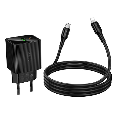 Сетевое зарядное устройство, 1 PD 20W + 1 USB 3.0 QC (CS83A), HOCO, Type-C to Lightning, с дисплеем, черный