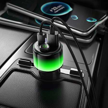 Bluetooth FM модулятор, E166 Path, HOCO, 1 USB QC3.0 (12Вт) или 5V/0.5A (для USB накопителя) +1 PD (30Вт) , черный