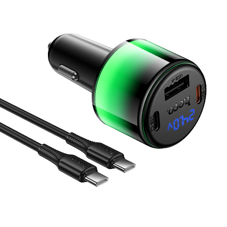 Автомобильное зарядное устройство, 1 USB 5V/2.4A + 2 PD 45W (Z69B), HOCO, кабель Type-C to Type-C, с дисплеем, черный
