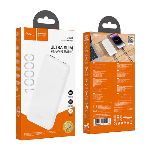 Универсальный Доп. Аккумулятор 10000mAh, J128, HOCO, выход: 2 USB (5V/2A), белый