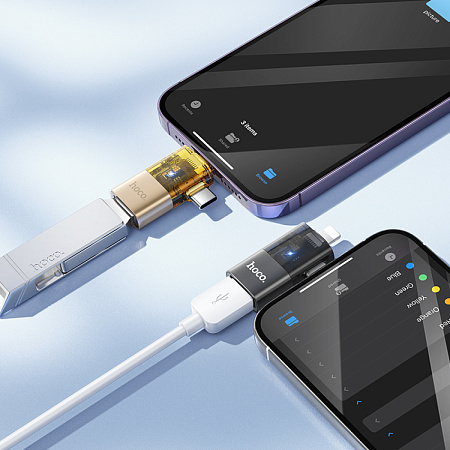 Переходник 2 в 1 с Type-C/Lightning на USB, UA36E, HOCO, черный