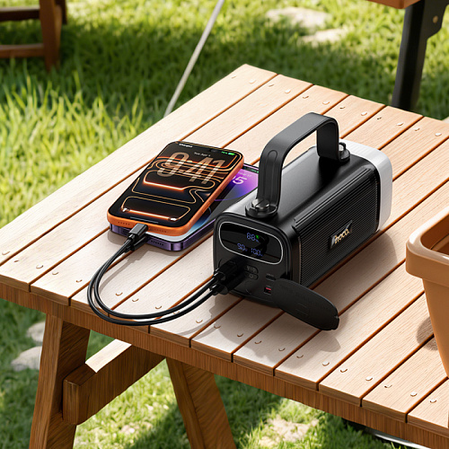 Универсальный Доп. Аккумулятор 40000mAh, J174, HOCO, выход: 1 USB (22.5), 1 PD (20W), с двумя лампами, черный