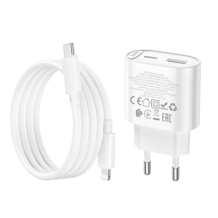 Сетевое зарядное устройство, 1 PD 20W + 1 USB 3.0 QC (C109A), HOCO, Type-C to Lightning, белый