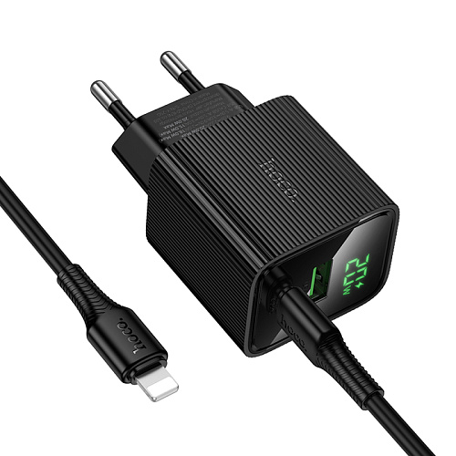 Сетевое зарядное устройство, 1 PD 20W + 1 USB 3.0 QC (CS83A), HOCO, Type-C to Lightning, с дисплеем, черный