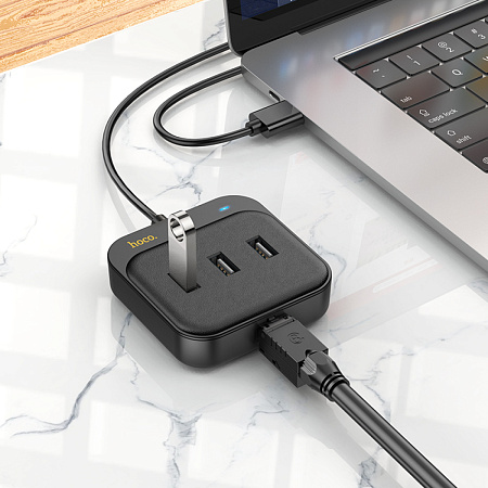 USB Хаб (HB35) с 1 USB на 3 USB 2.0+RJ45, HOCO, L=1.2M, черный