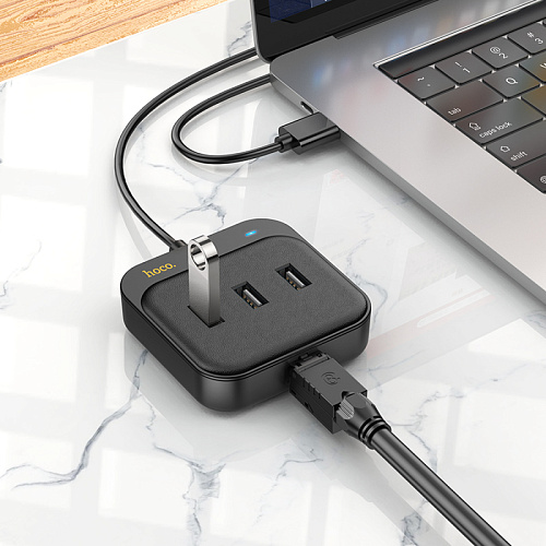 USB Хаб (HB35) с 1 USB на 3 USB 2.0+RJ45, HOCO, L=1.2M, черный