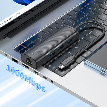 USB Хаб (HB42) с 1 Type-C на 3 USB 3.0+RJ45, HOCO, L=0.2M, черный