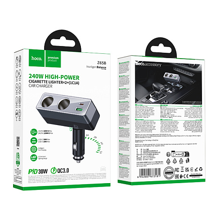 Разветвитель прикуривателя на 1 USB QC3.0 18W + 1 PD 30W + 2 прикуривателя Z65B, HOCO, серый