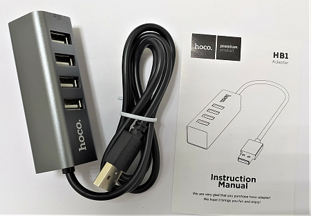 USB Хаб (HB1) c 1 USB на 4 USB, HOCO, серый
