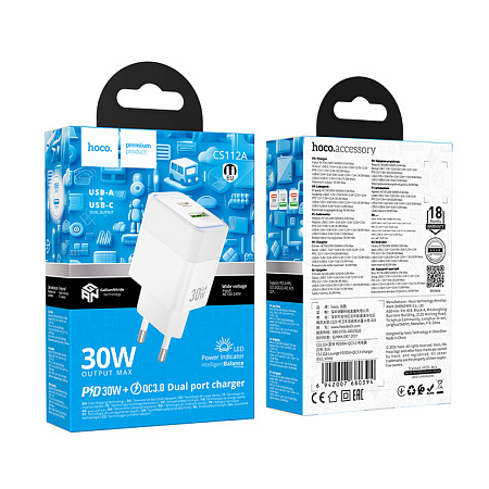Сетевое зарядное устройство, 1 PD 30W + 1 USB 3.0 QC (CS112A), HOCO, белый