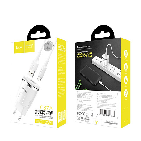Сетевое зарядное устройство, 1 USB 2.4A (C37A), HOCO, Type-C, белый