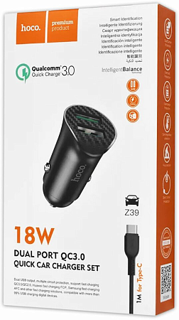 Автомобильное зарядное устройство, 2 USB 3.0 QC (Z39), 18W, HOCO, кабель Type-C, черный