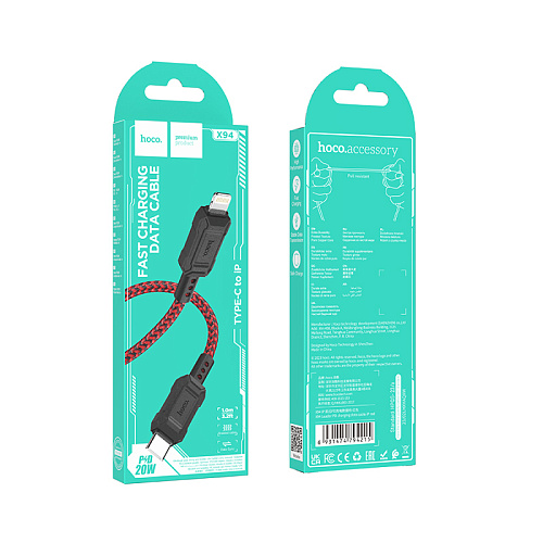 Кабель Lightning to Type-C (PD), HOCO, X94, 1м, 20W, красный