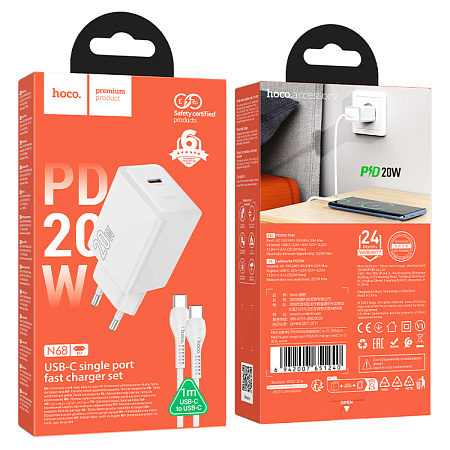 Сетевое зарядное устройство, 1 PD 20W (N68), HOCO, Type-C to Type-C, белый