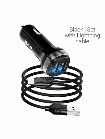 Автомобильное зарядное устройство, 2 USB 2.4A (Z40), usb cable Type-C, HOCO, черный