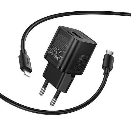 Сетевое зарядное устройство, 1 PD 20W + 1 USB 3.0 QC (N65), HOCO, Type-C to Lightning, черный