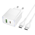 Сетевое зарядное устройство, 1 PD 30W + 1 USB 3.0 QC (CS112A), HOCO, Type-C to Type-C, белый