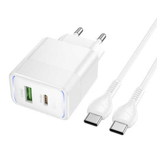 Сетевое зарядное устройство, 1 PD 30W + 1 USB 3.0 QC (CS112A), HOCO, Type-C to Type-C, белый