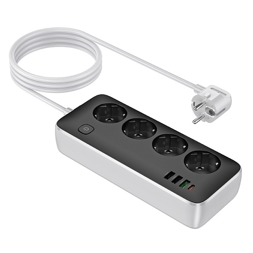 Сетевой фильтр на 4 розетки+3 USB+1 PD(30Вт), 1.5 м, AC22, Sunlight, HOCO, черный