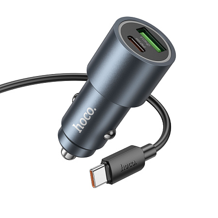 Автомобильное зарядное устройство, 1 USB QC3.0 18W, 1 PD 30W (Z60), HOCO, кабель Type-C, серый